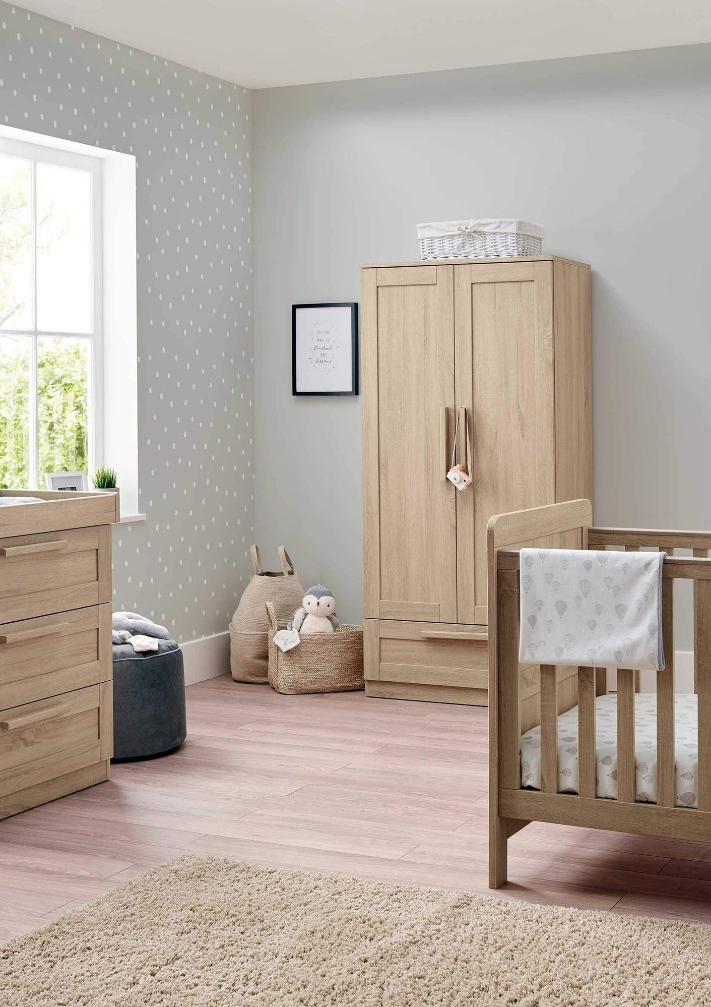 Mamas and Papas Atlas 3 piece set, Cotbed, Dresser and Wardrobe Light Oak