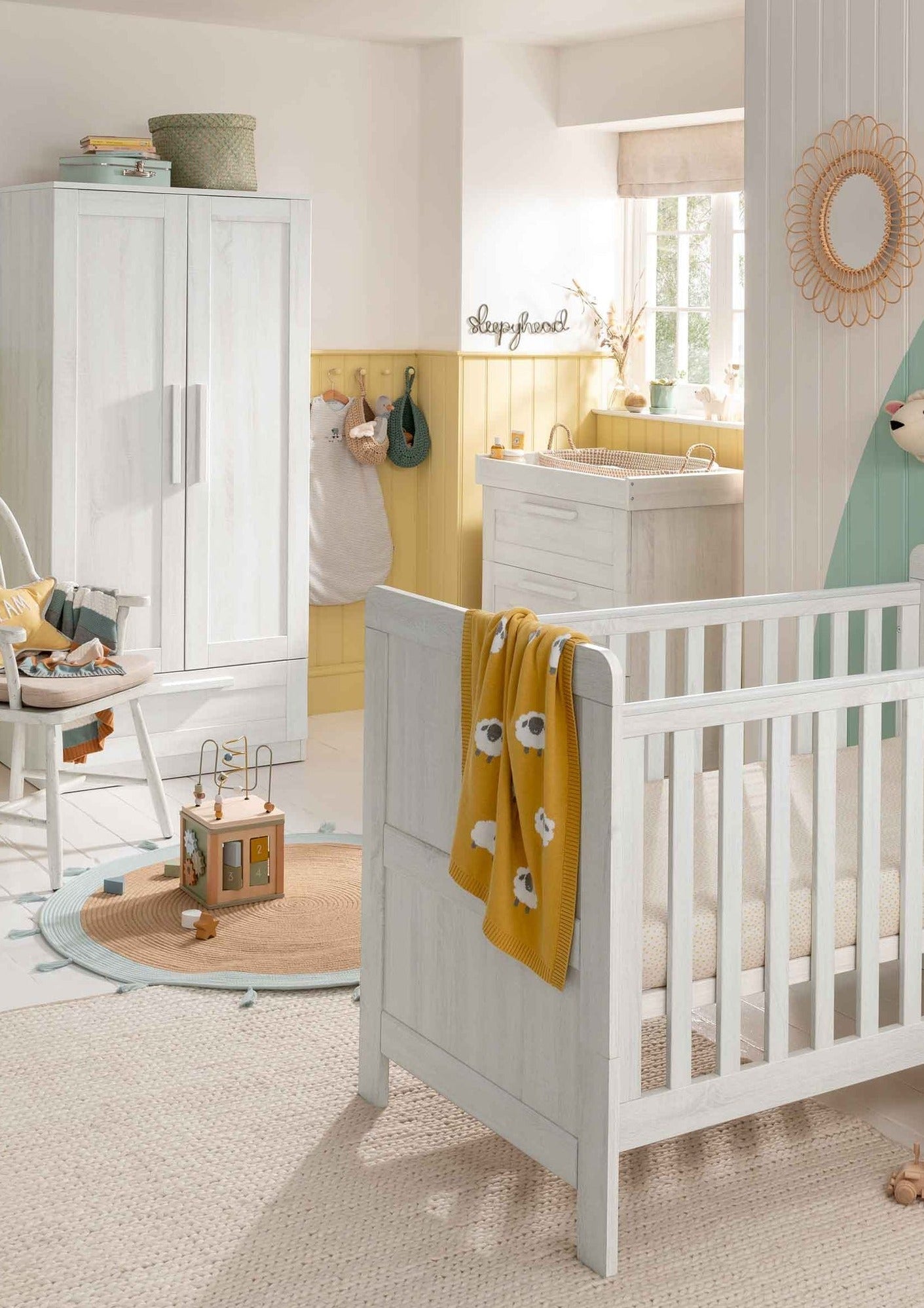 Mamas and Papas Atlas 3 Piece Set, Cotbed, Dresser and Wardrobe Nimbus White