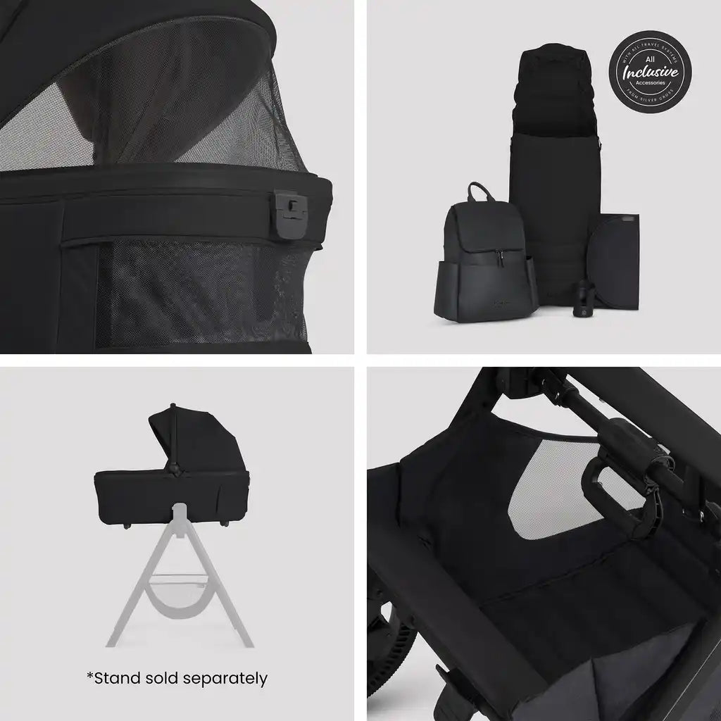 Silver Cross Cove 2 Onyx Travel System Ultimate 360 Infant Carrier Bundle 11 piece
