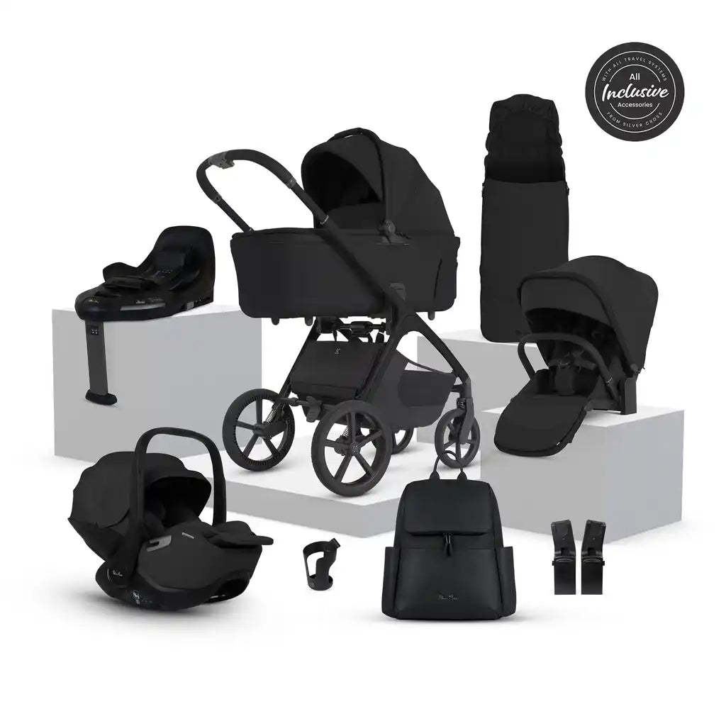 Silver Cross Cove 2 Onyx Travel System Ultimate 360 Infant Carrier Bundle 10 piece