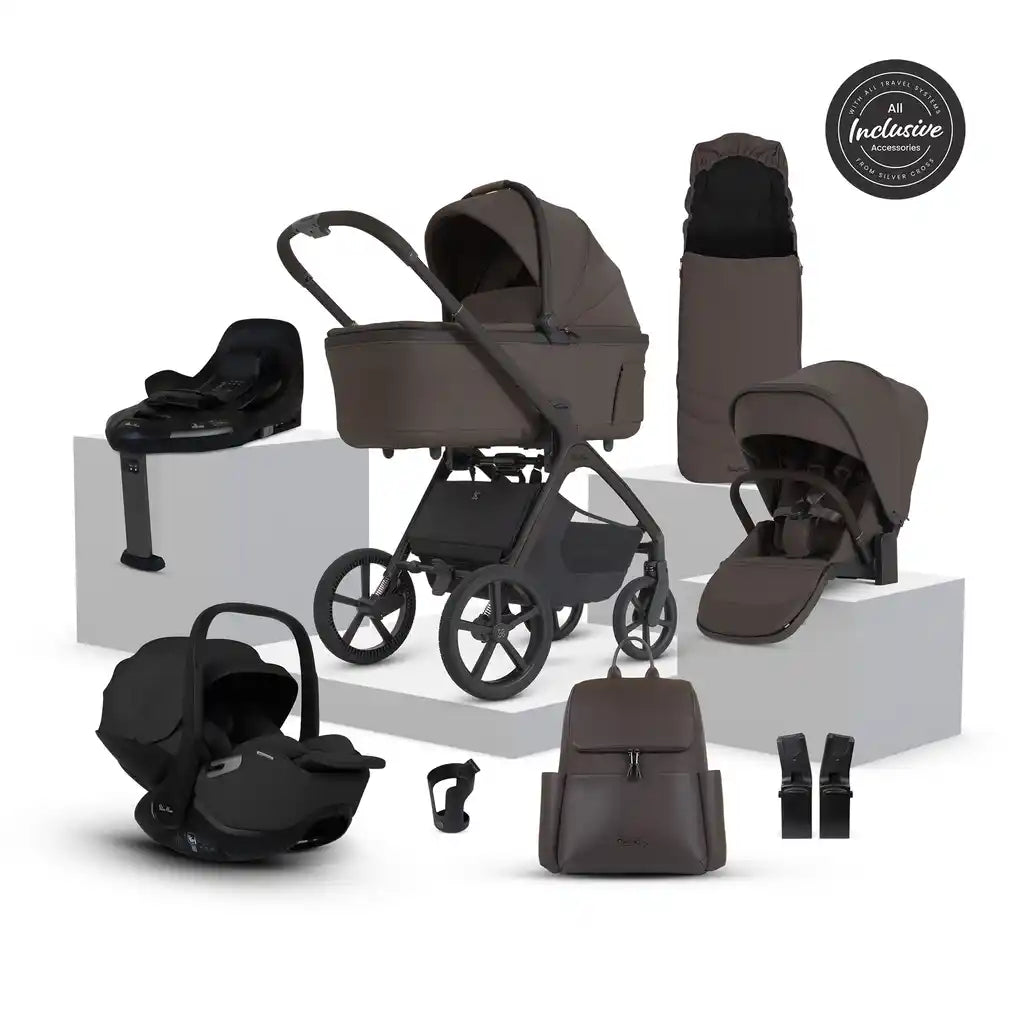Silver Cross Cove 2 Chocolate Travel System Ultimate 360 Infant Carrier Bundle 10 piece