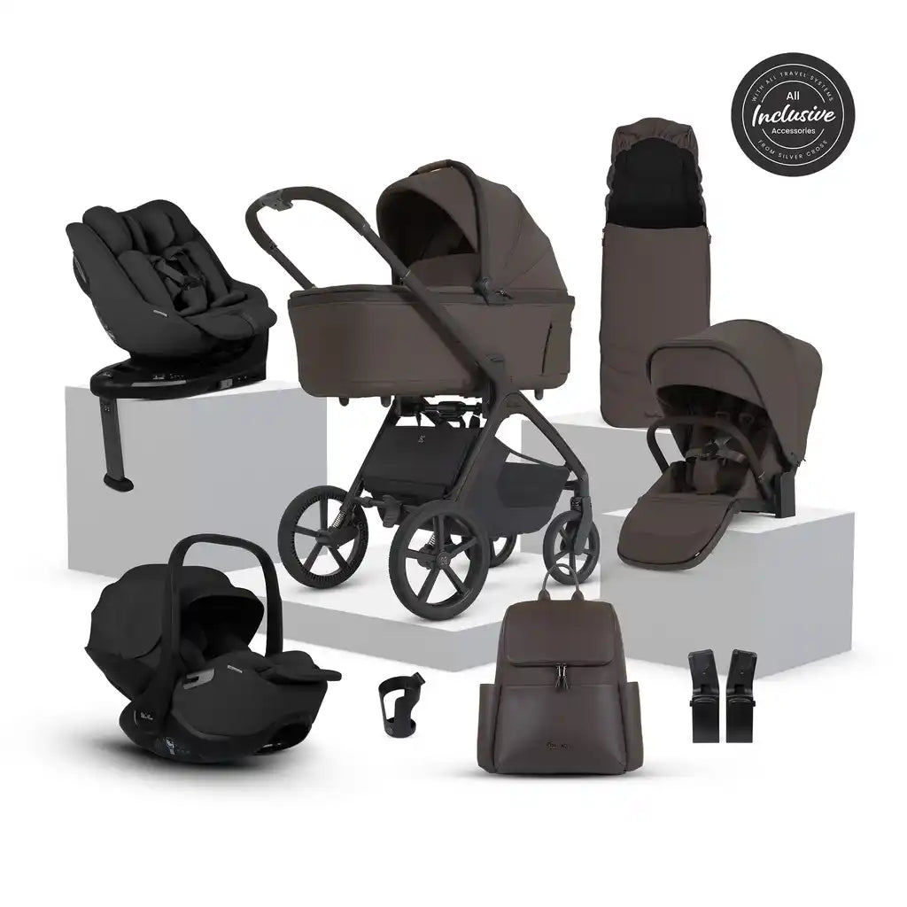 Silver Cross Cove 2 Chocolate Travel System Ultimate 360 Infant Carrier Bundle 11 piece