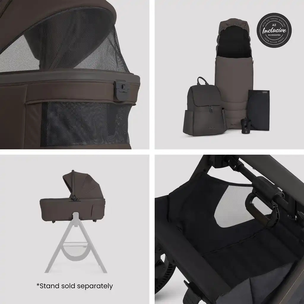 Silver Cross Cove 2 Chocolate Travel System Ultimate 360 Infant Carrier Bundle 10 piece