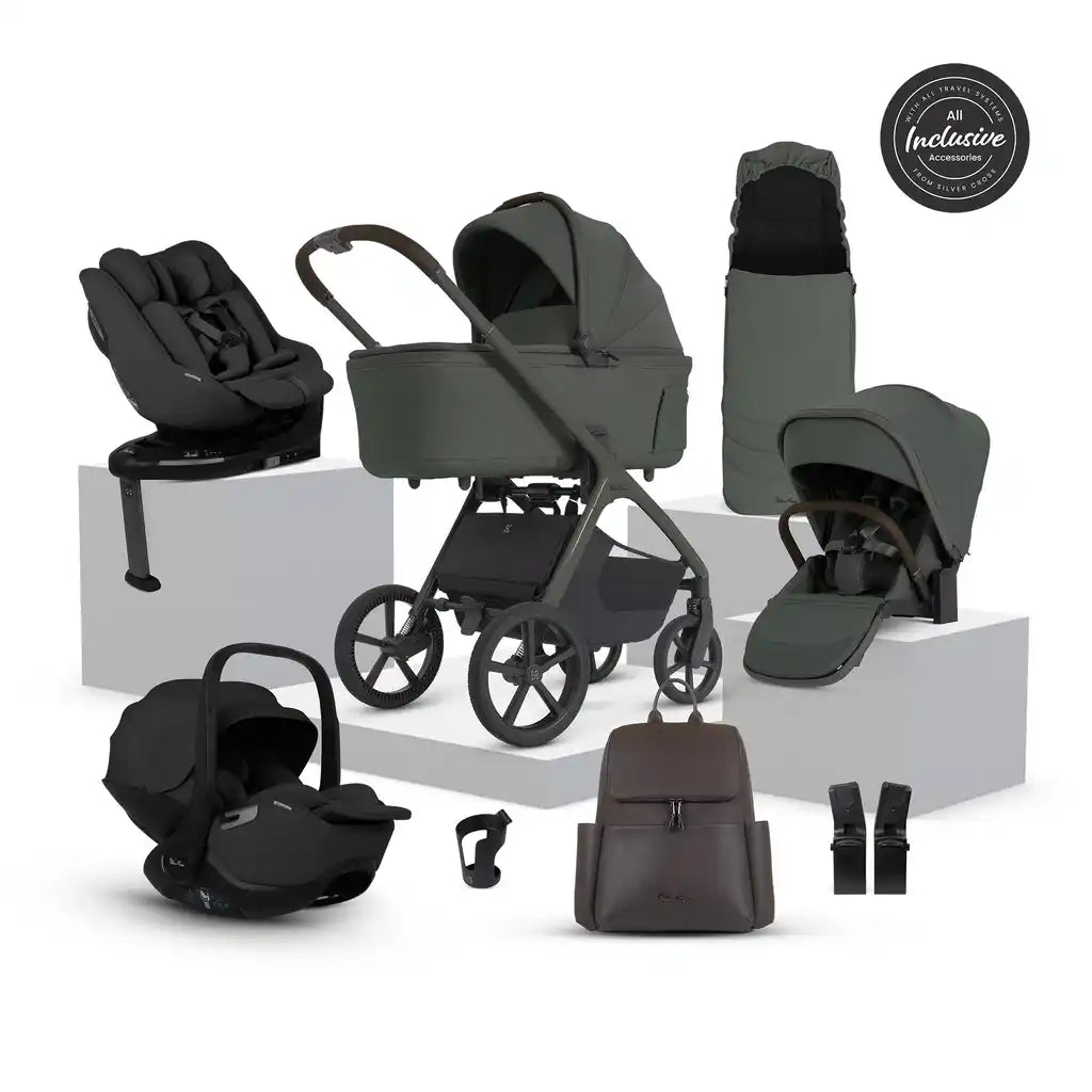 Silver Cross Cove 2 Pewter Travel System Ultimate 360 Infant Carrier Bundle 11 piece